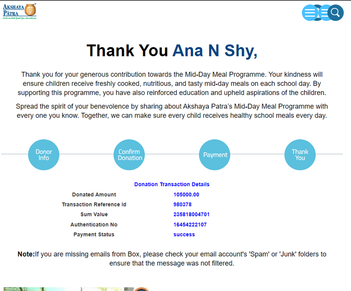 Supporting Akshaya Patra Foundation